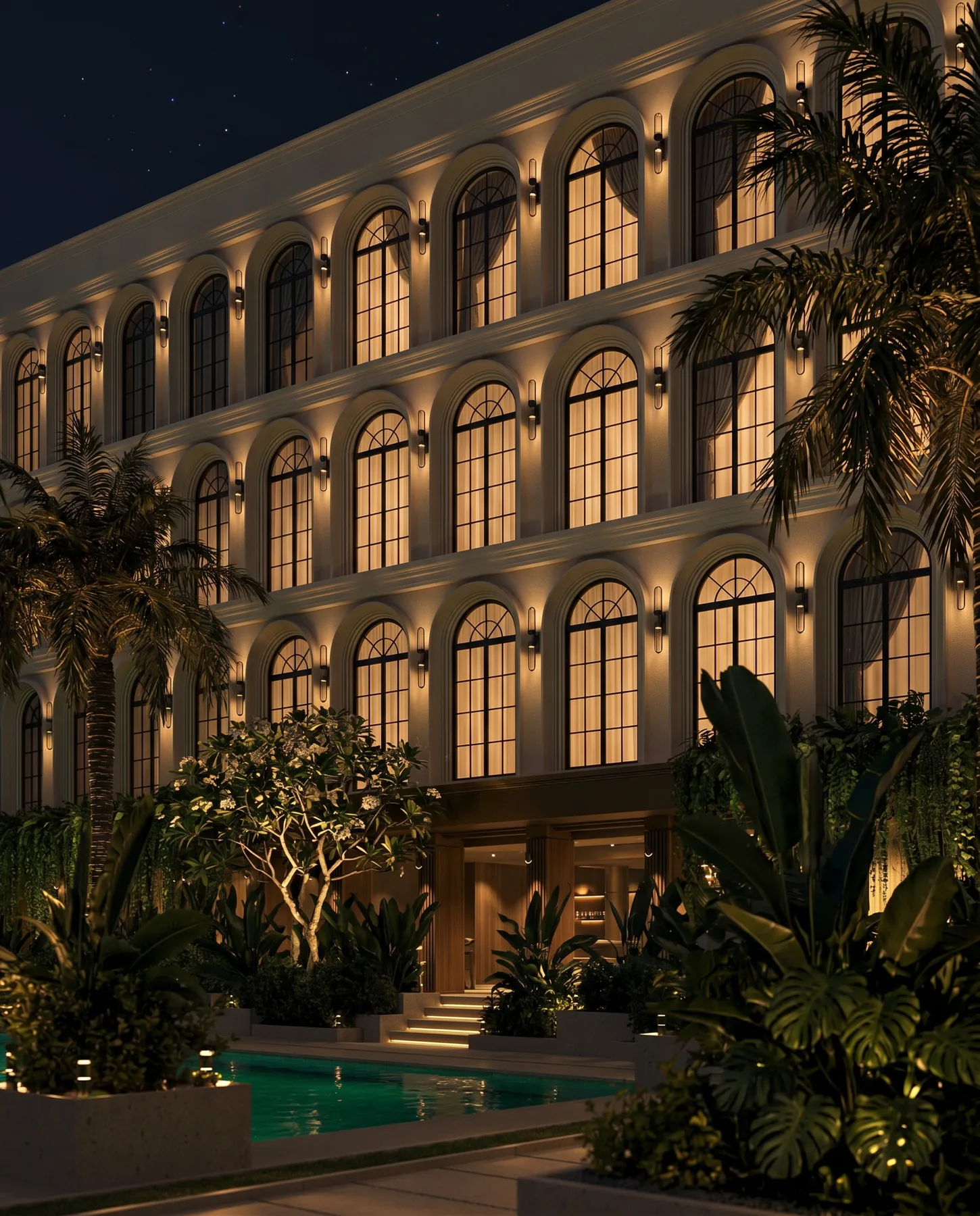 The façade at night — warm-amber light glowing through arched windows, dense palm foliage, the deep-teal pool in the foreground.