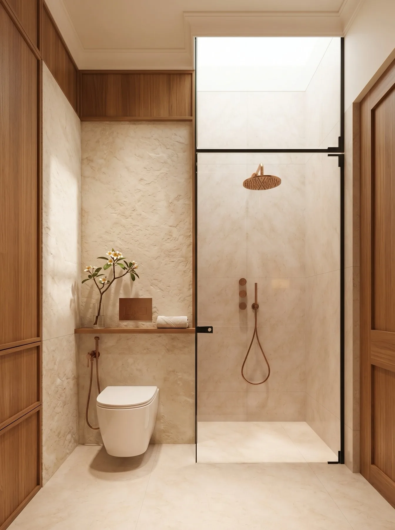 A suite bathroom — cream travertine walls, teak panelling, a copper rain shower, a frangipani branch on the shelf in strong daylight.