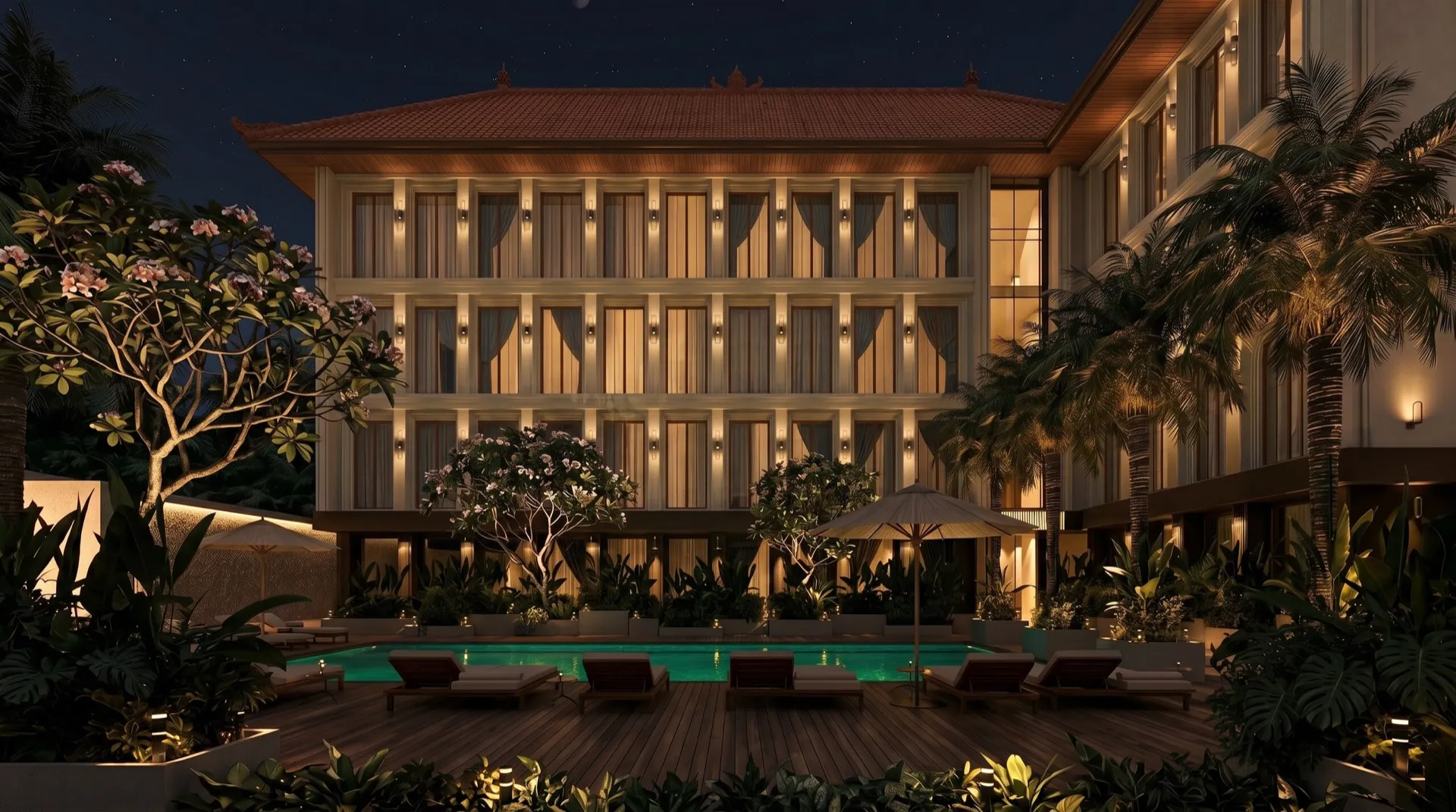 Фасад PandAI Boutique Hotel с бассейном в золотой час