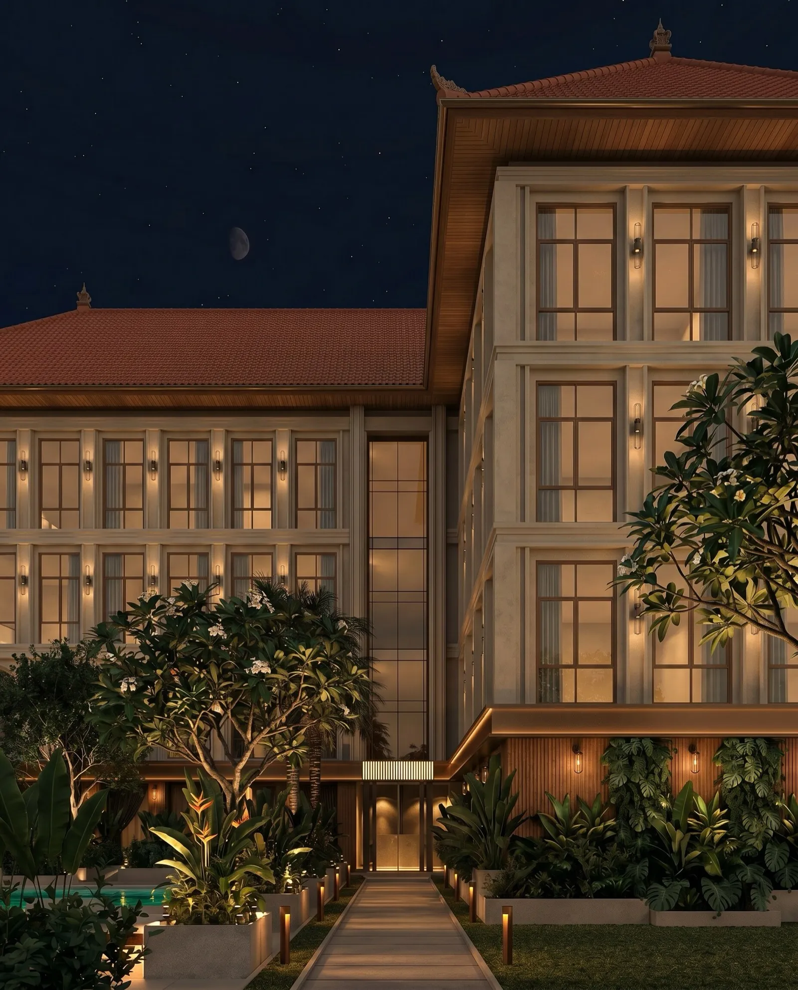 Фасад PandAI Boutique Hotel в твилайт с тёплым светом окон