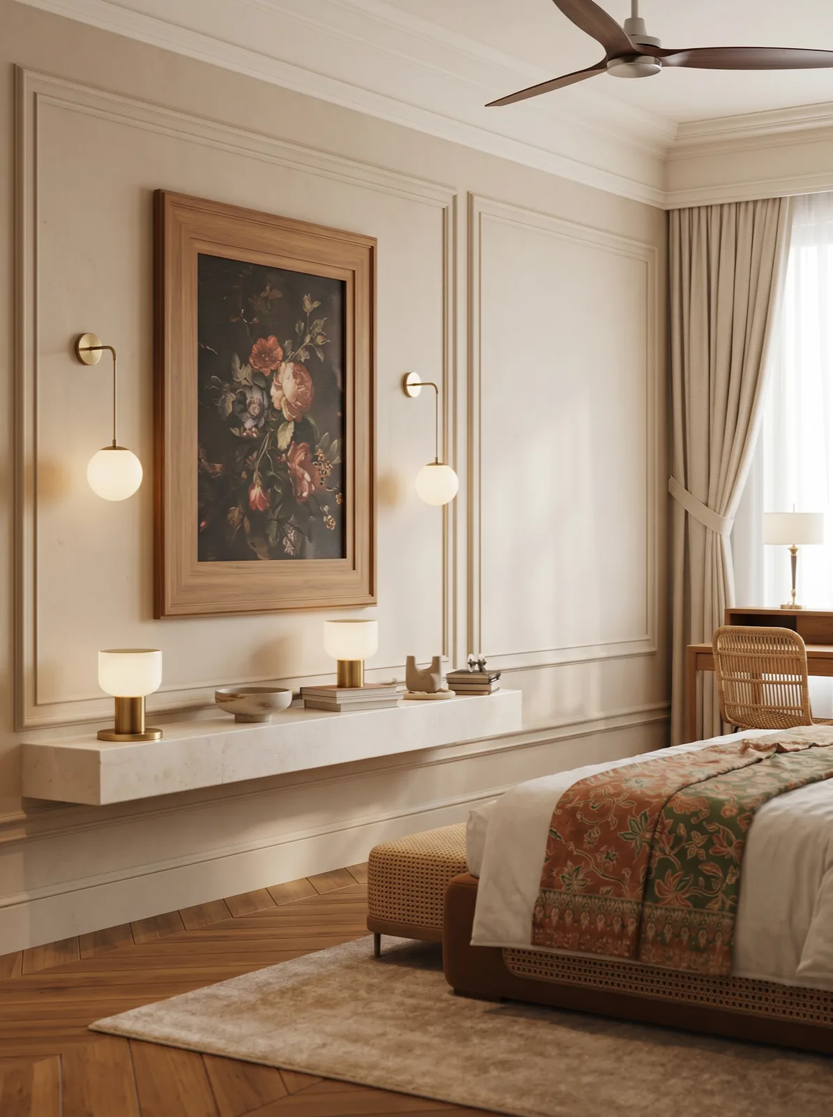 Compact Boutique Suite — warm panelled wall, framed botanical, teak side table, soft daylight.
