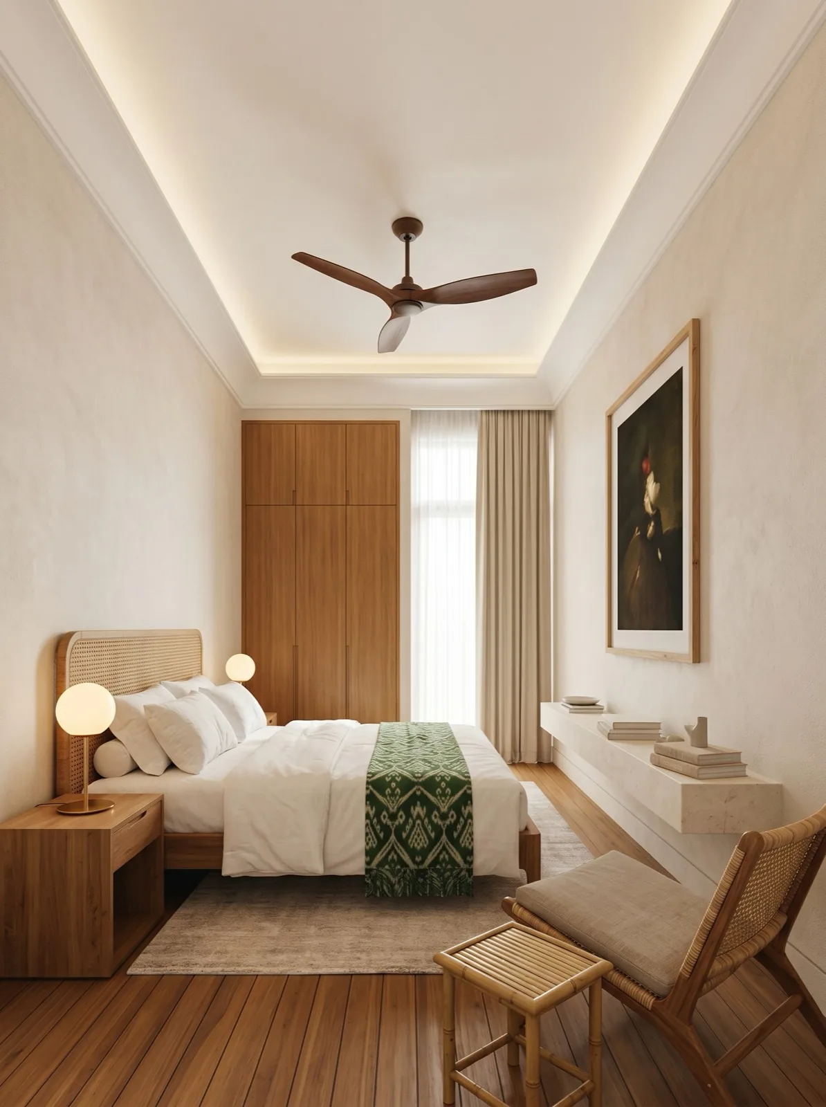 Boutique Suite — sand-warm walls, ceiling fan, green ikat runner, rattan chair by the window.