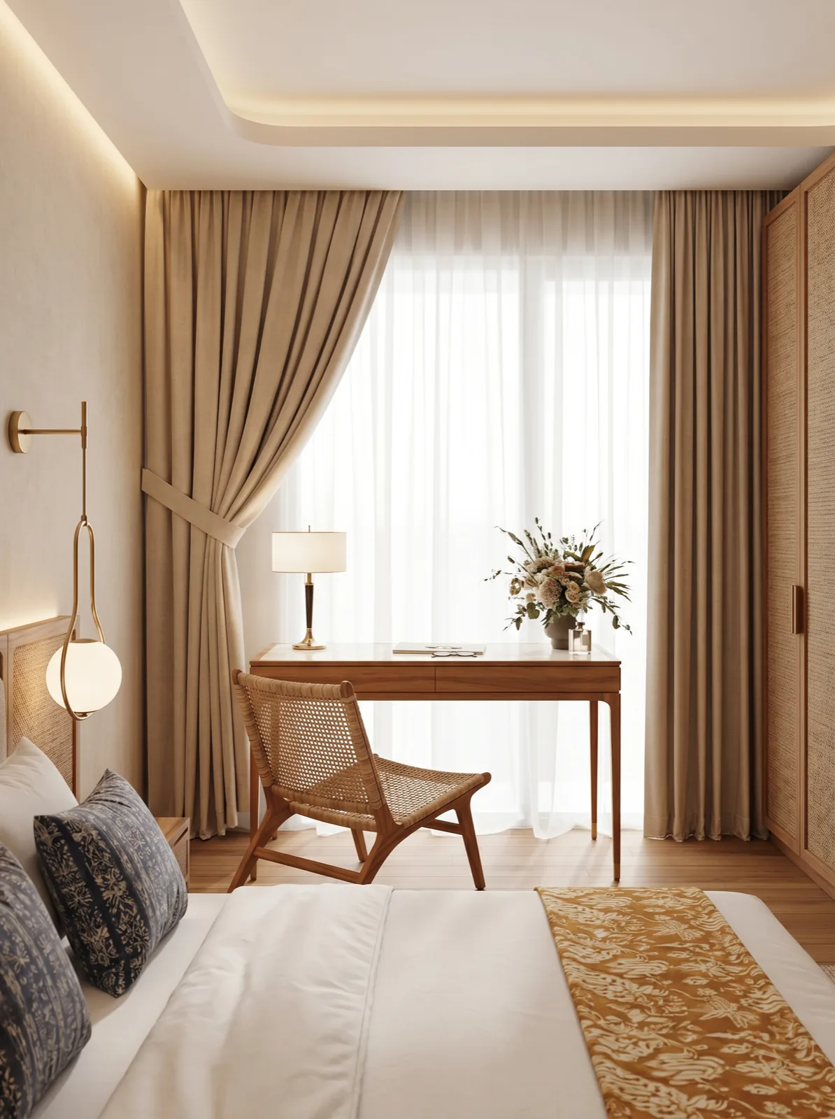 A suite interior — warm linen drapes, a rattan lounge chair, a brass globe lamp, sheer daylight through the window.