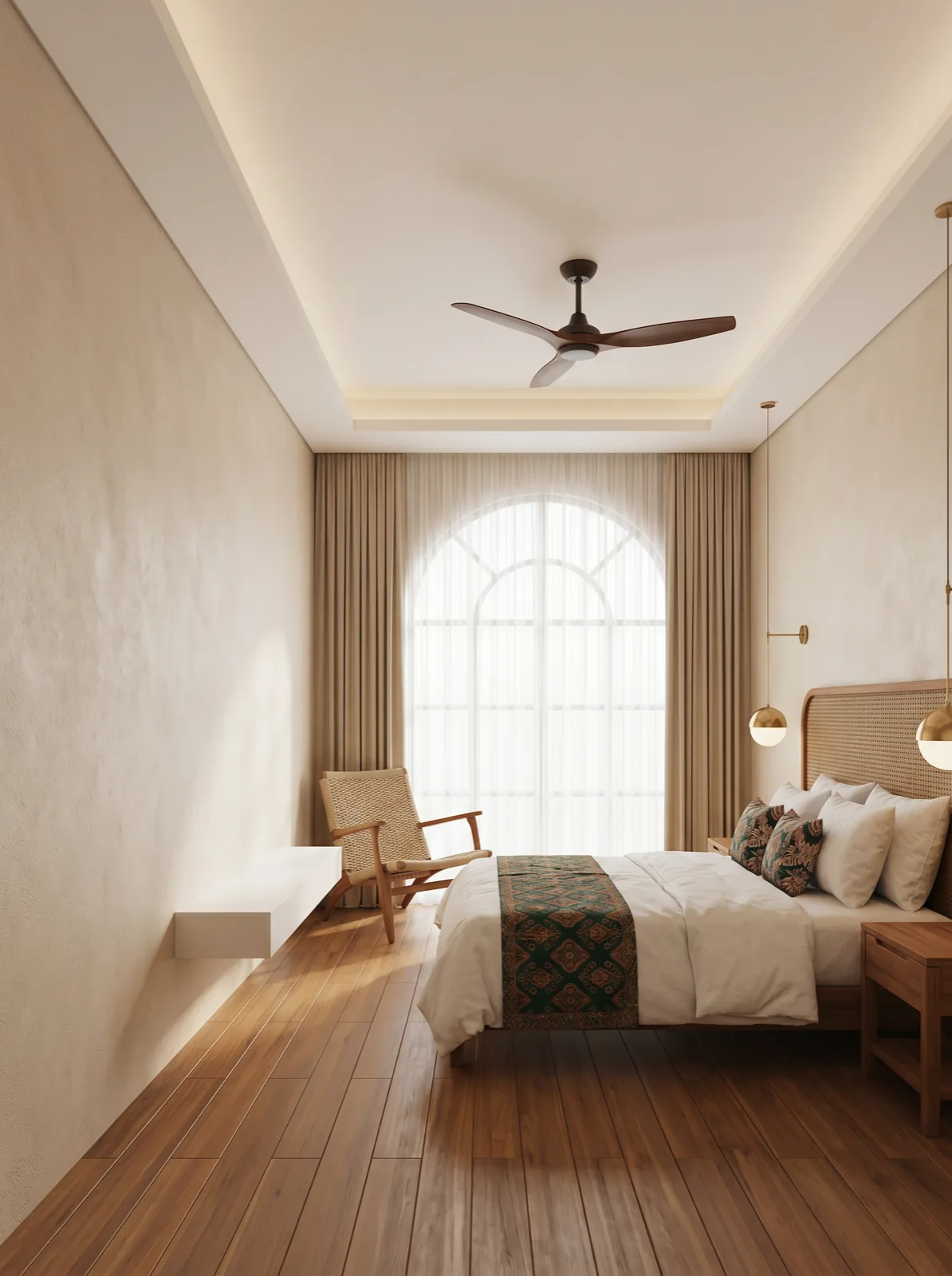 Premium Residence — panelled cream wall, brass sconces, framed still life, rattan furniture.