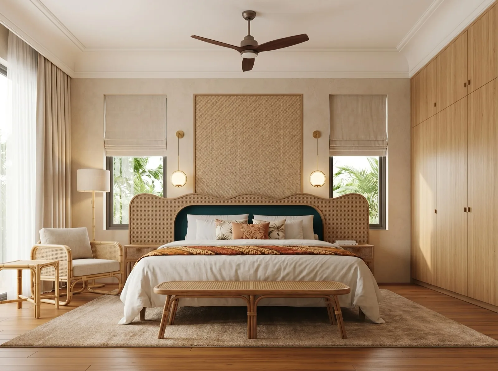 Signature Residence suite — warm linen walls, rattan headboard, teak floor, ikat bed runner in daylight.